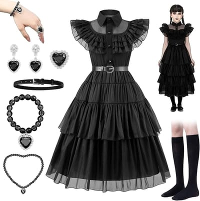 Halloween Kostuum voor Meisjes - Wednesday Addams Jurk in Gothic Lolita Stijl voor Feestjes en Verkleedpartijen