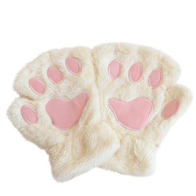 Melk wit roze pluche functionele handschoenen met kattenpoot patroon – vingerloze zachte winter handschoenen voor heren en dames – pluche hand handschoenen met dierenpoot ontwerp en elastische manchet