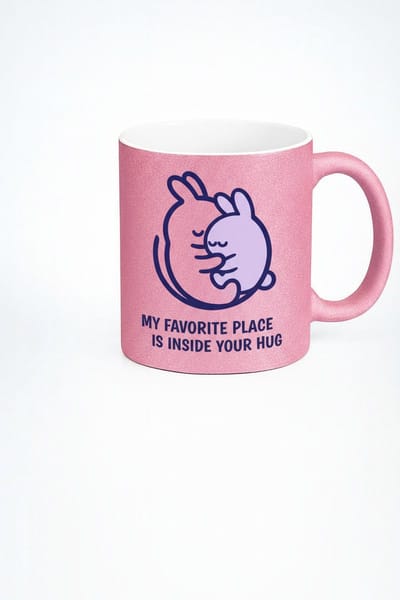 Roze Glitter Mok met Knuffel Konijntjes - 'My Favorite Place Is Inside Your Hug' - Romantisch Cadeau