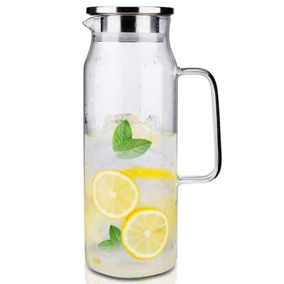 Ynkkvre-1,5 Liter Glazen Waterkaraf – Borosilicaatglas Karaf met Roestvrijstalen Deksel – Hittebestendige Karaf voor Wijn, Koffie, Heet Water en Fruitsappen