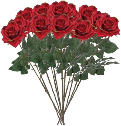 Mica Decorations Kunstbloemen Roos Amore - 12x - 66 cm - rood - zijdebloemen - boeket - rozen