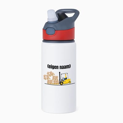 Hacebo® - heftruck met vallende pallet met eigen naam waterfles met rietje rood - Heftruck - mensen die werken in de magazijn - collega's - verjaardag - afscheidscadeau - geschenk - kado - water fles - 650ML