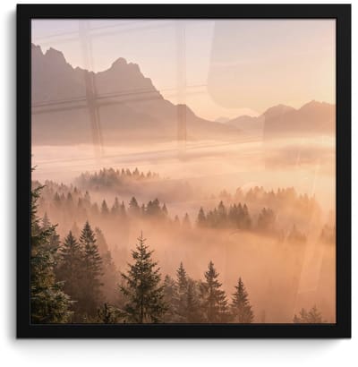 Poster in lijst - Fotolijst 40x40 cm - Posters - Zonlicht - Mist - Bergen - Bomen - Posterlijst zwart - Decoratie - Wanddecoratie woonkamer - Muurdecoratie slaapkamer