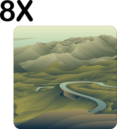 Luxe Placemat - Getekende Lange Kronkelende Weg door Bergen - Set van 8 Placemats - 50x50 cm - 2 mm dik Vinyl - Anti Slip - Afneembaar
