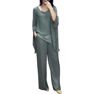Dames Casual Pak Splicing Top Wijde Pijpen Broek Losse Outfit voor Thuis Feest Kantoor Ronde Hals Vleermuismouw Woon-werkverkeer Pak L