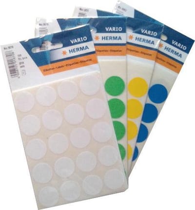 Herma etiketten 19 mm in een set van vier kleuren: Wit, groen, geel en blauw