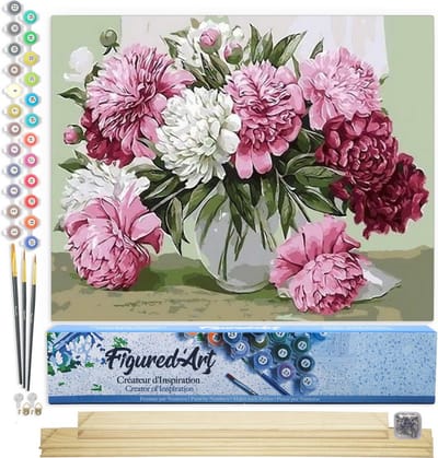 Figured'Art Schilderen op Nummer Volwassenen canvas Mooie pioenrozen in transparante vaas - Handwerk acrylverf Kit DIY Compleet - 40x50cm met DIY houten lijst
