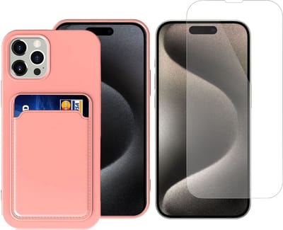 Pasjes Houder Hoesje geschikt voor iPhone 15 + Screenprotector – Gehard Glas Cover - Portemonnee - Kaart houder - Rose