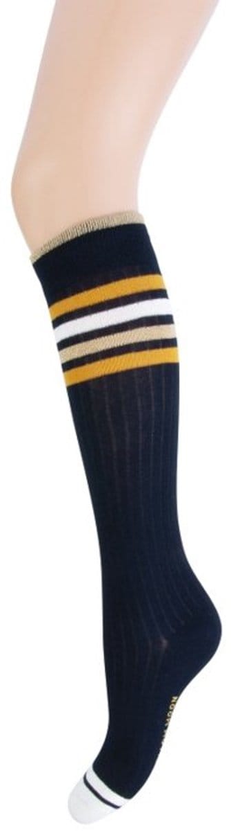Yellow Moon Kniekous Marine Blauw met strepen Okergeel