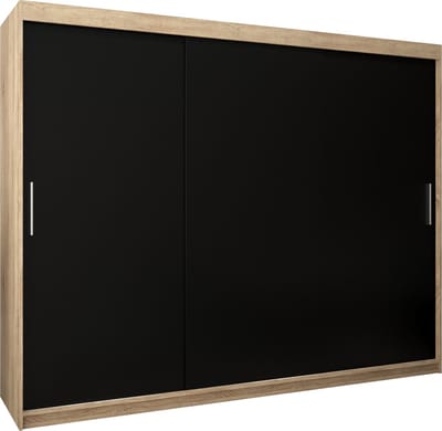 InspireMe - Kledingkast met 3 schuifdeuren, Modern-stijl, Kledingkast met planken (BxHxD): 250x200x62 - TORM 250 Sonoma Eik + Zwart Mat