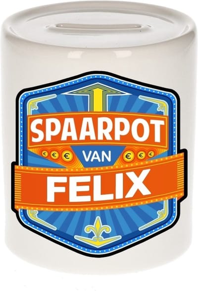Bellatio Decorations Kinder spaarpot met naam - Felix - keramiek - met dop - wit - Sparen - Spaargeld van Felix