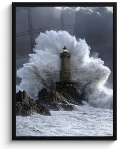 Poster in lijst - Fotolijst 60x80 cm - Posters - Golf - Vuurtoren - Schuimend water - Posterlijst zwart - Decoratie - Wanddecoratie woonkamer - Muurdecoratie slaapkamer