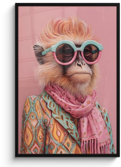 Poster in lijst - Fotolijst 80x120 cm - Posters - Sjaal - Aap - Zonnebril - Jasje - Posterlijst zwart - Decoratie - Wanddecoratie woonkamer - Muurdecoratie slaapkamer
