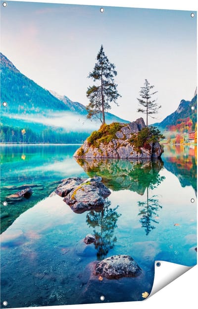 Gards Tuinposter Meer in de Bergen tijdens de Herfst - 90x120 cm - Tuindoek - Tuindecoratie - Wanddecoratie buiten - Tuinschilderij