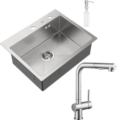 Auralum max Spoelbak Keuken 55 x 45CM - Spoelbak RVS Met Kraangat - Spoelbakken Keuken Met Keukenkraan met Uittrekbare Uitloop - Spoelbak met Afdruipgedeelte - Zilver