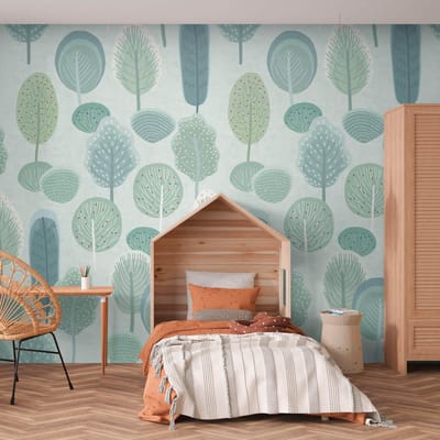 Fotobehang Profhome 770711-GU vliesbehang glad met kinder patroon mat groen bruingrijs mintgroen wit 1,59 m x 2,8 m