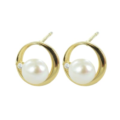 New Bling 9NBSAM-G190030 Gouden Oorknopjes - Dames - Cirkel - Parel - Zirkonia - 7 mm Doorsnee - 14 Karaat - Goud