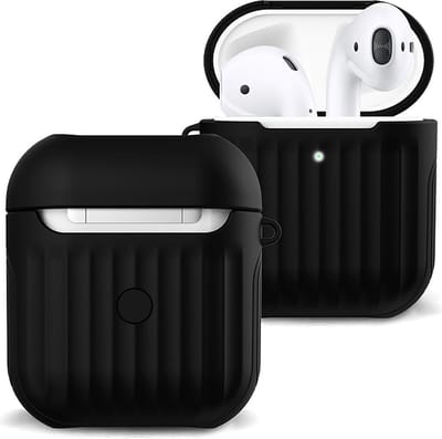 Case Geschikt voor AirPods 1 Hoesje Hoes Hard Cover Ribbels - Hoesje Geschikt voor Apple Airpods 1 Case Met Ribbels - Zwart