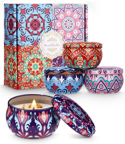 Kaarsenset Etnische Stijl - 4 Geurkaarsen in Glas - Natuurlijke Sojawas - Aromatherapie - Keramische Decoratie - Cadeau voor Elke Gelegenheid
