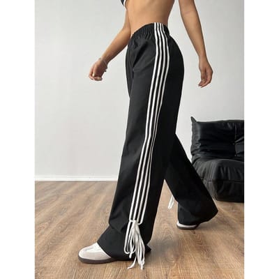 Contrastkleurige strepen met casual broek Dameszomer Nieuwe hoge taille joggingbroek Losse wijde pijpen S zwart