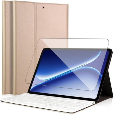 Hoes met Toetsenbord geschikt voor OnePlus Pad Go 2 / Oppo Pad 5 (12.1 inch) – Keyboard Book Case – Bluetooth – Goud – Met Screenprotector Glas