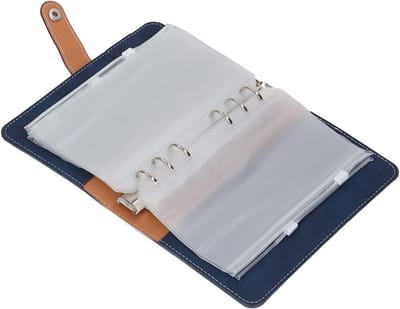 A6 Geldorganizer van PU Leer met 12 Doorzichtige Ritszakken - Budget Planner voor Slimme Geldbesparing en Financieel Beheer (Blauw)