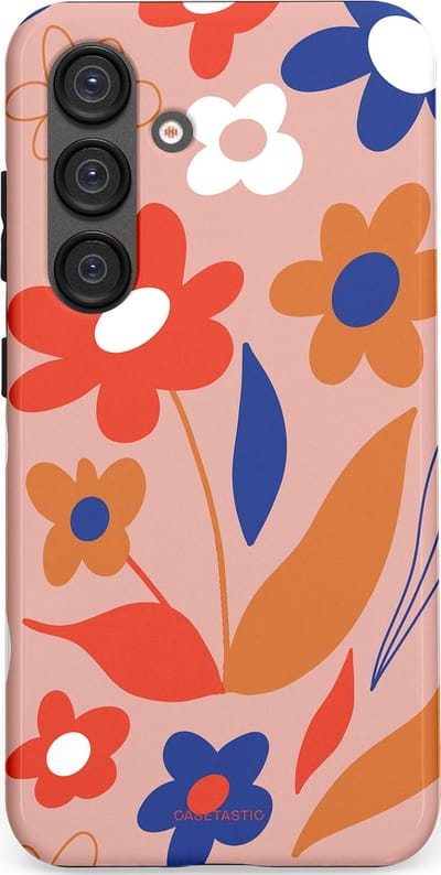 Casetastic hoesje geschikt voor Samsung Galaxy S25 - Dubbellaagse bescherming - Vormen in bloei - Fashion Case - Perzik Rood Donkerblauw