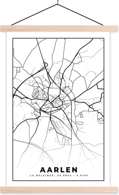 Posterhanger incl. Poster 40x60 cm - Schoolplaat - België – Aarlen – Stadskaart – Kaart – Zwart Wit – Plattegrond - Textielposter - Blanke latten - Stadskaart