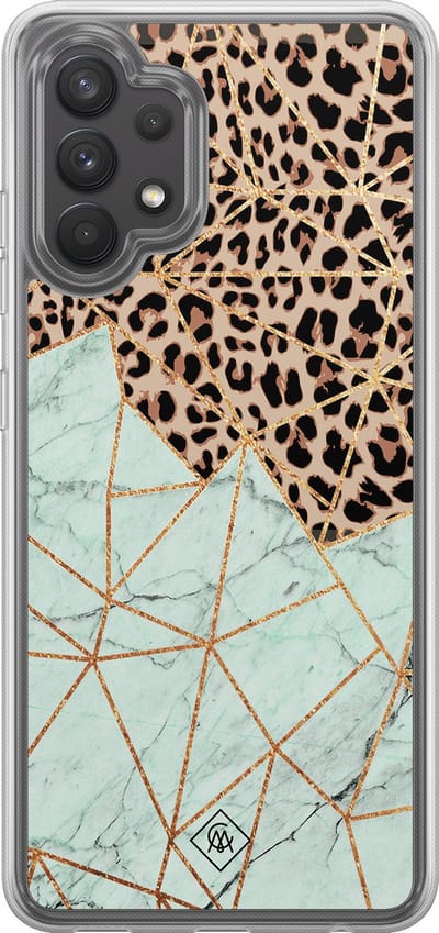 Casimoda® hoesje - Geschikt voor Samsung Galaxy A32 4G - Luipaard Marmer Mint - 2-in-1 case - Schokbestendig - Luipaardprint - Verhoogde randen - Mint, Transparant