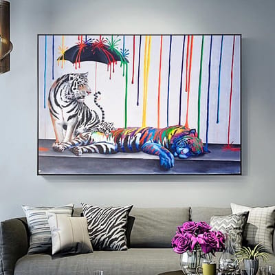 Allernieuwste Canvas Schilderij Witte Tijgers StreetArt Graffiti - Modern - Dieren - Poster - 50 x 70 cm - Kleur