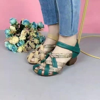 Nieuwe Zomer Top Rundleer Bedrukking Spell Color Trend Sandalen Open Teen Echt Leer Sandalen Dikke Hak Dames Sandalen Schoenen 35