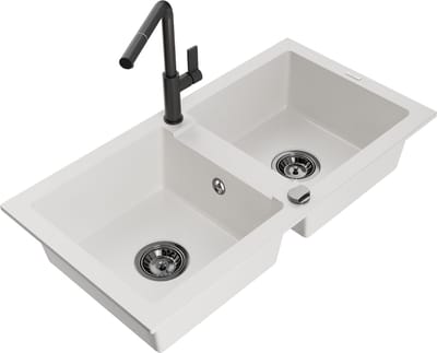 Mexen Mario granieten gootsteen 2-kamer met keukenmengkraan Flora, wit - 6504-20-670401-70-B