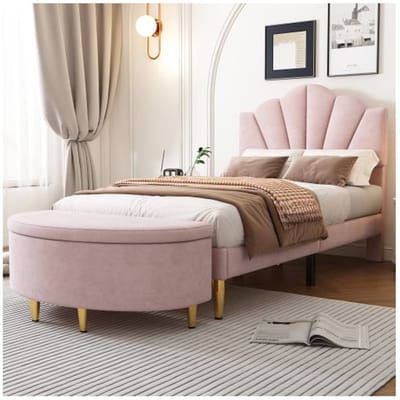 Fluwelen bed - 90x200 cm - Schelp - Gouden ijzeren poten - Verstelbaar hoofdbord roze