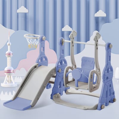 Kinderglijbaan, multifunctionele 4 in 1 kinderglijbaan schommel met basketbalstandaard, klimladder, schommelglijbaan tuinglijbaan voor binnen en buiten