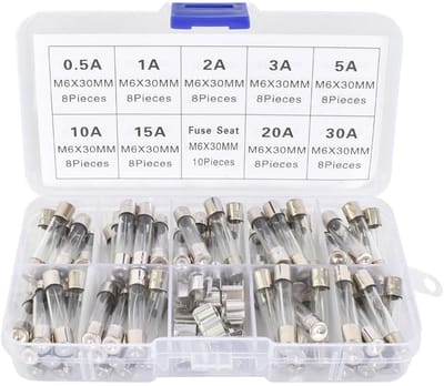 Snelsmeltzekeringen set met 72 stuks en 10 zekeringsclips, 6 x 30 mm, 250 V, 0,5 A tot 30 A, in transparante doos