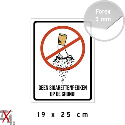 Pictogram/ bord | "Geen sigarettenpeuken op de grond!" | 19 x 25 cm | Vervuiling | Afval | Sluikstorten | Peuk | Sigaret | Peuken | Sigaretten | Propere buurt | 1 stuk