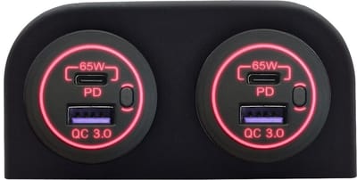 ProRide 12-24V USB/USB C Autolader 2 Poorten Opbouw - 65W QC3.0 - Tweevoudig Paneel - Rood - 2 Stuks