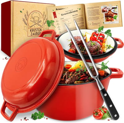 KRUSTENZAUBER® Gietijzeren Braadpan met Deksel inclusief Vleesvork - Hoogwaardige dutch oven van 26 cm geschikt voor de oven - Ideale inductie pot, geëmailleerd casserole - Rood