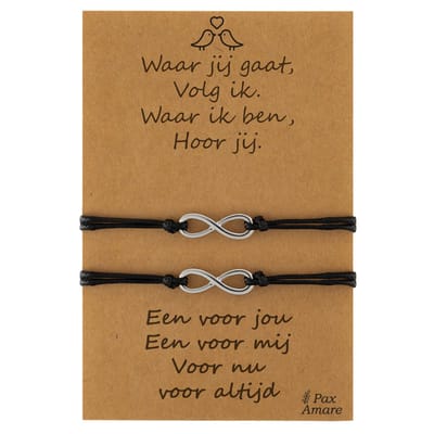 Vriendschapsarmbandjes voor 2 "Waar jij gaat, volg ik" - Oneindigheidsteken - BFF Armbandjes met Persoonlijk Cadeau Kaartje - Zilverkleurig - Elastisch Verstelbaar - Pax Amare