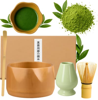 Matcha Thee Set – Bamboe / Groen – 4-delig – Kom, Klopper, Lepel & Houder – Handgemaakt van Bamboe & Keramiek