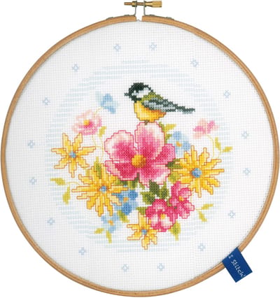 Vervaco - Telpakket kit met borduurring - Pimpelmees met bloemen - PN-0151945 - Borduren - Borduurpakket - Borduurpakket volwassenen