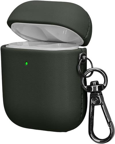kwmobile Kunstleren hoes voor Apple Airpods 1 & 2 – Slim cover met karabijnhaak – Opbergtasje voor oordopjes – Etui in donkergroen