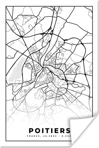 Poster Plattegrond - Kaart - Poitiers - Frankrijk - Stadskaart - Zwart wit - 120x180 cm XXL