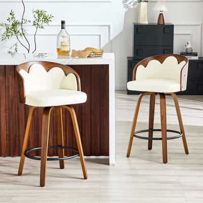 FloraGrace Barkruk - Bloemvormige Rugleuning - Set Van 2 - Kunstleer En Gebogen Hout - Modern - Wit - Voor Keukeneiland En Bar