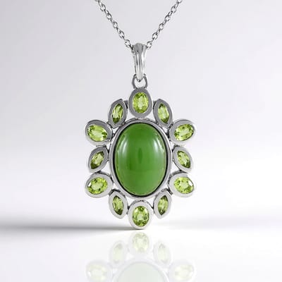 Cavill - Zilveren Halsketting 925 Sterling Platina - 6,664 ct Ovale Canadese Jade & 1,57 ct Peridot - Elegante Groene Cabochon Hanger