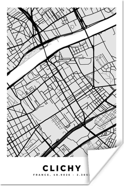 Poster Stadskaart - Frankrijk - Kaart - Clichy - Plattegrond - 120x180 cm XXL