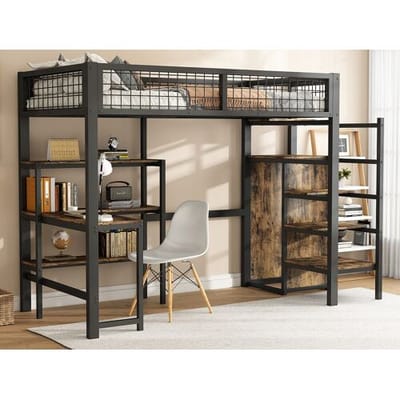 Merax Hoogslaper 90 x 200 cm met bureau, planken en kledingkast - Metaal + MDF - Lattenbodem - zwart + bruin