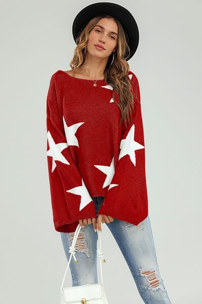 Oversized rode trui met wijde mouwen en witte ster