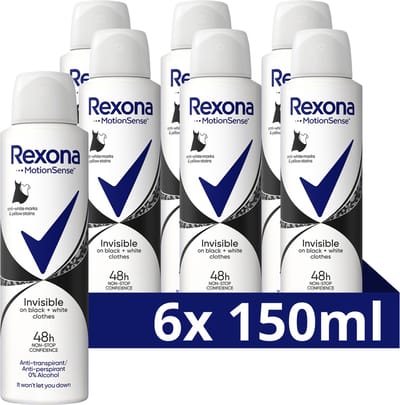 Rexona Women Anti-Transpirant Spray - Invisible - onzichtbaar op zwarte en witte kleding - 6 x 150 ml