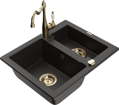 Mexen Carlos granieten spoelbak 1,5 kamer met keukenmengkraan Carla, zwart/gouden metallic - 6518-75-670700-50